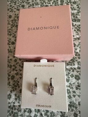 Diamonique Emerald Cut Lever Back Earrings in Sterling Silver - NWOT